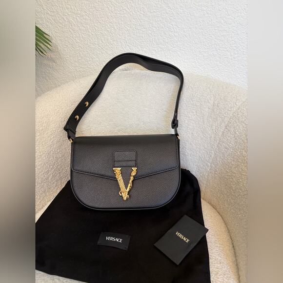 Versace Virtus Black Leather Shoulder Crossbody Bag NWT - Picture 2 of 12